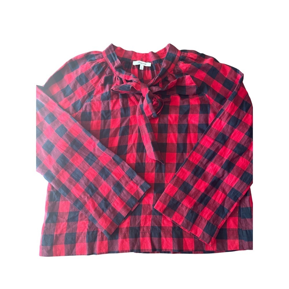 Madewell Red Black Buffalo Plaid Tie-Neck Blouse Women's Size M